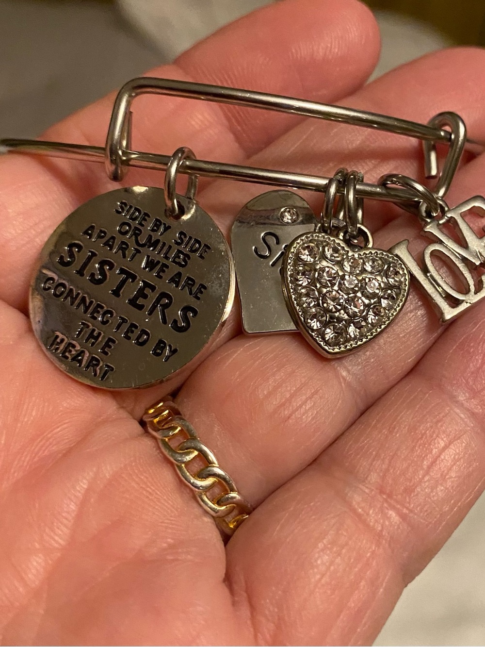 Sisters Charm Bangle Bracelet with Crystal Heart - Silver Tone
